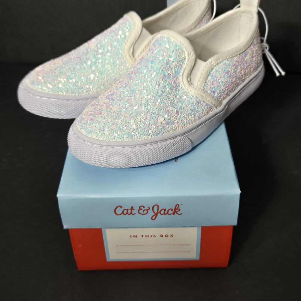 NEW Girls Sz 10 Cat & Jack GLITTER Sparkle Madigan Slip-on Sneakers Shoes White